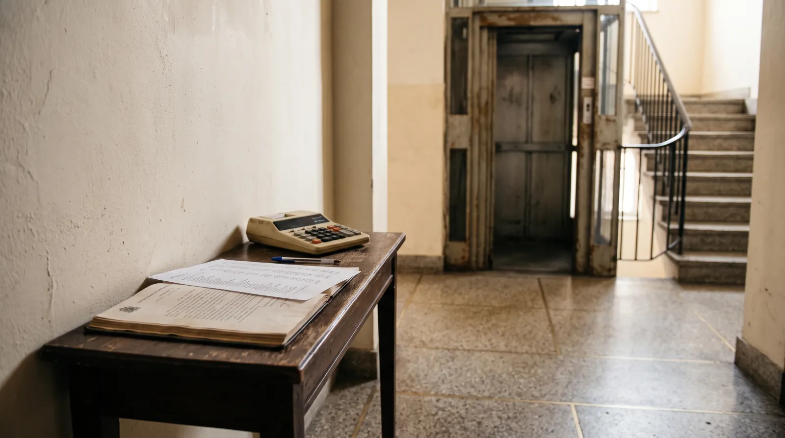 Acte de base ouvert sur une console dans le hall d'un immeuble, avec un décompte de charges, une calculatrice et l'ascenseur au fond