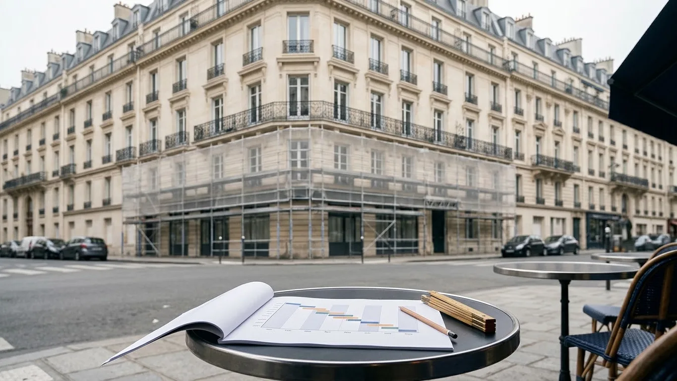 Haussmann apartment building under scaffolding seen from a café table holding a multi-year works schedule and a ruler