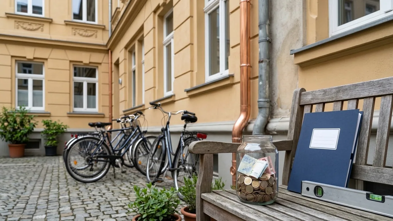 Courtyard of an old German apartment building with bicycles; on a bench, a jar of coins, a blue folder and a spirit level