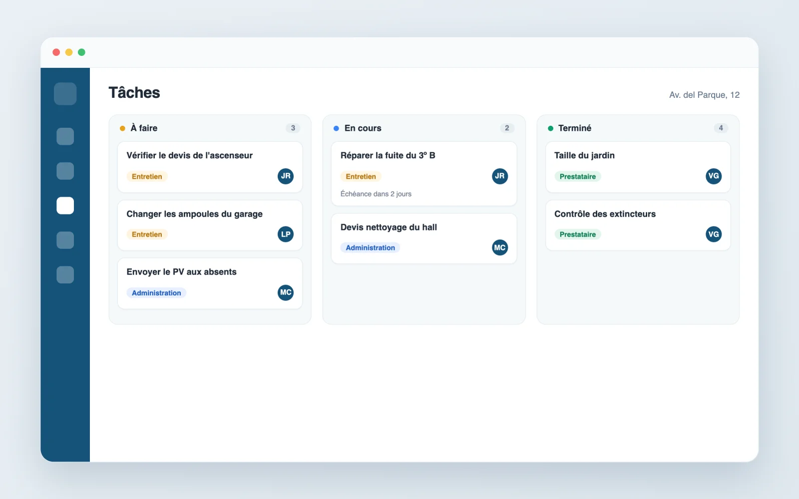 Un tableau de tâches de la copropriété avec le responsable et le statut de chaque tâche dans l'application Vecinly