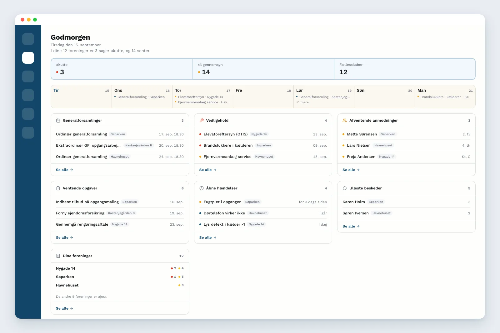 Administratorens startpanel med det daglige overblik over alle hans foreninger i Vecinly
