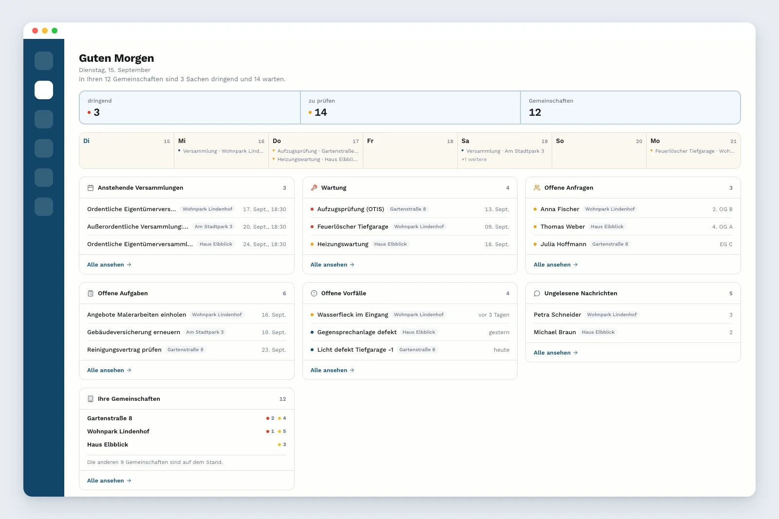 Das Startpanel der Hausverwaltung mit der täglichen Übersicht über alle ihre Gemeinschaften in Vecinly