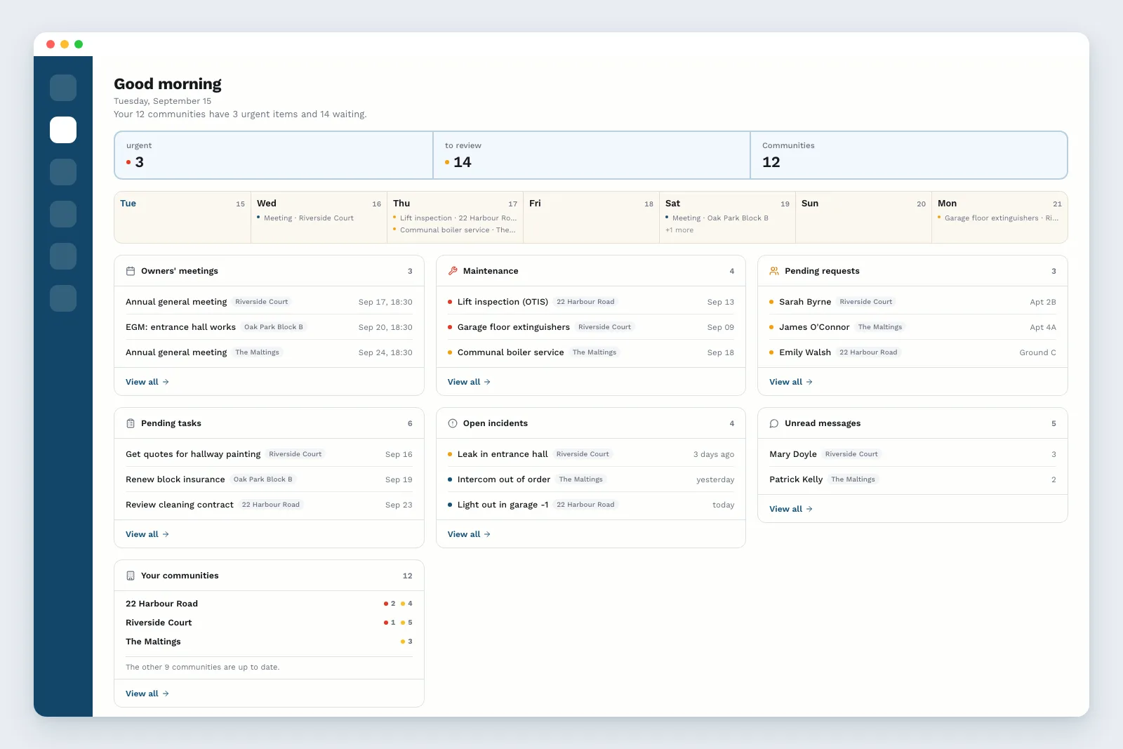 The administrator's home panel with a daily overview of all their communities in Vecinly