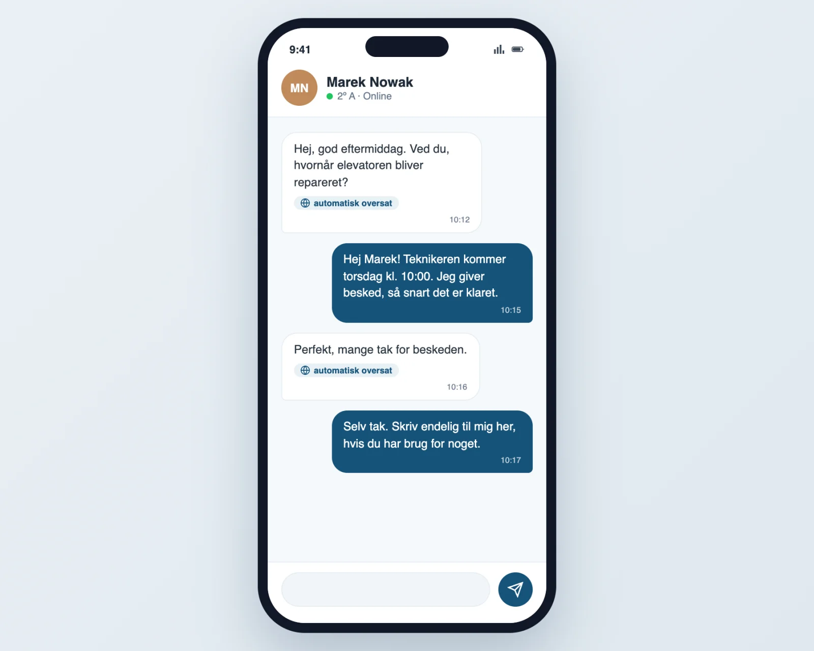 Foreningens chat automatisk oversat til hver beboers eget sprog i Vecinly-appen