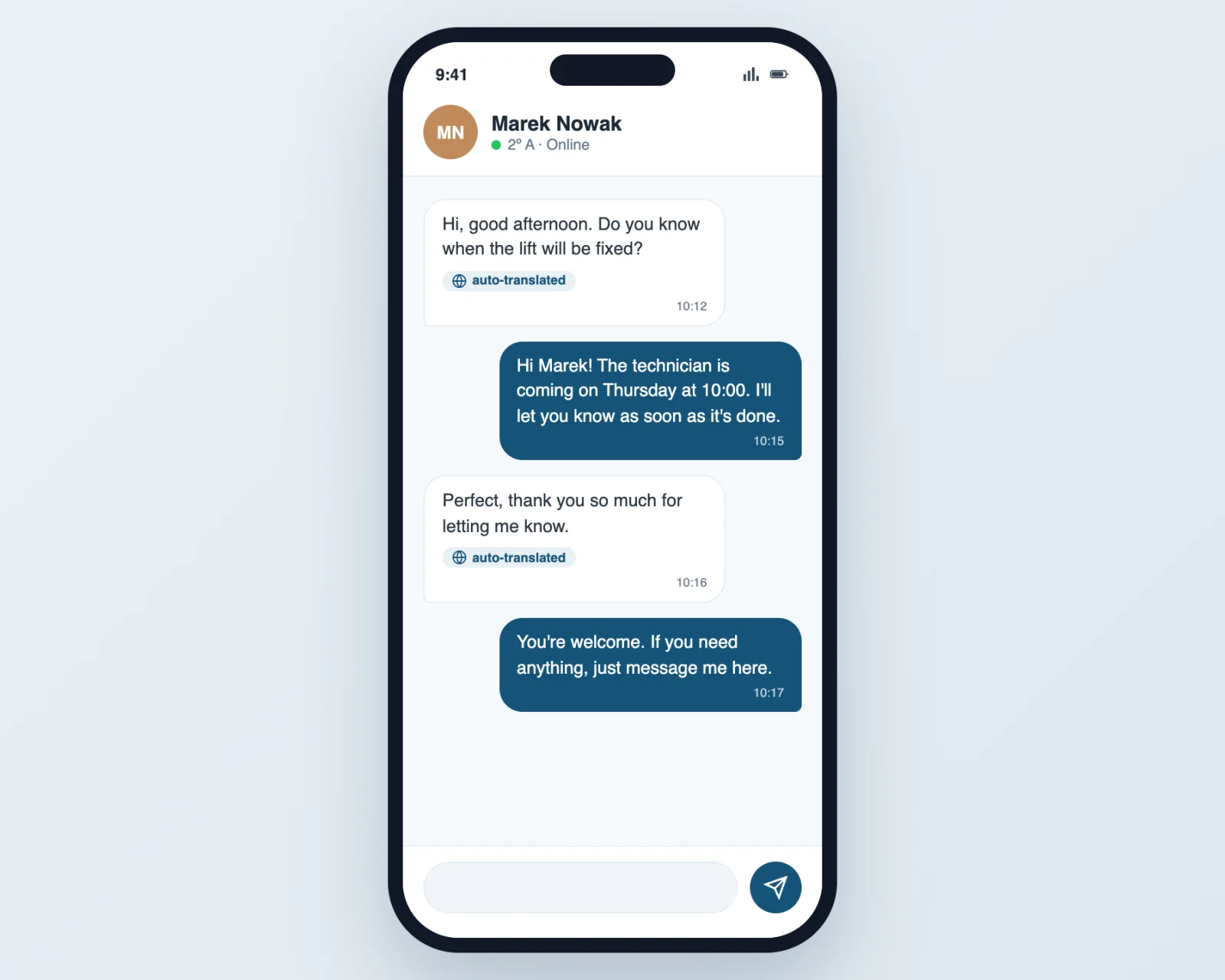 The community chat auto-translated into each neighbour's own language in the Vecinly app