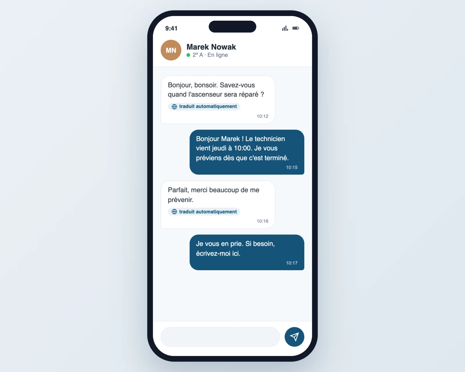 Le chat de la copropriété traduit automatiquement dans la langue de chaque copropriétaire dans l'application Vecinly