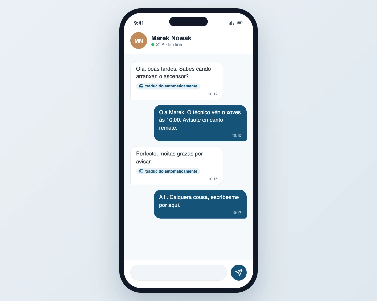 A conversa da comunidade traducida automaticamente ao idioma de cada veciño na app de Vecinly