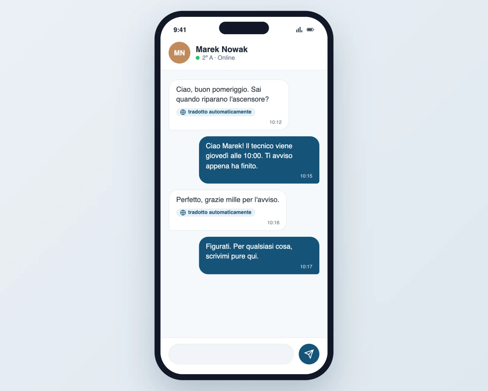 La chat del condominio tradotta automaticamente nella lingua di ogni condòmino nell'app di Vecinly