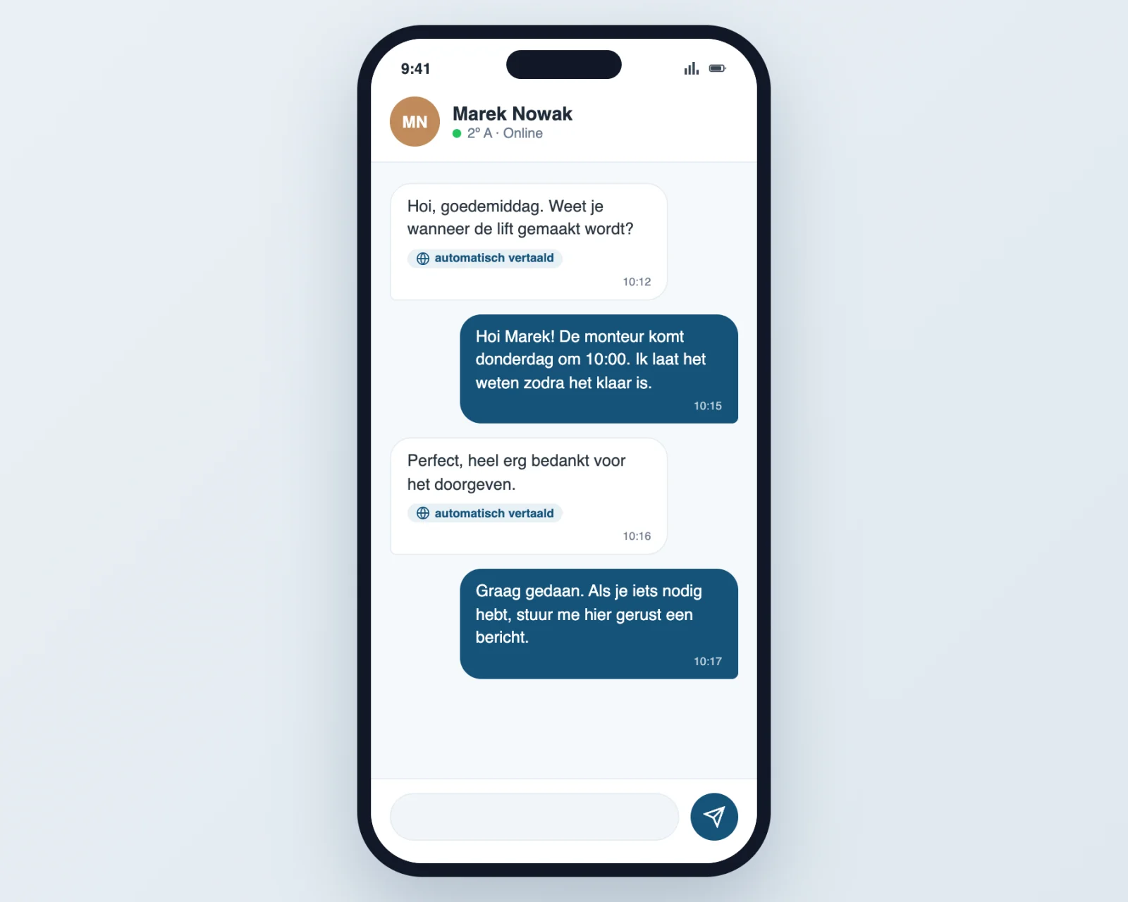 De chat van de VvE automatisch vertaald naar de taal van elke bewoner in de Vecinly-app