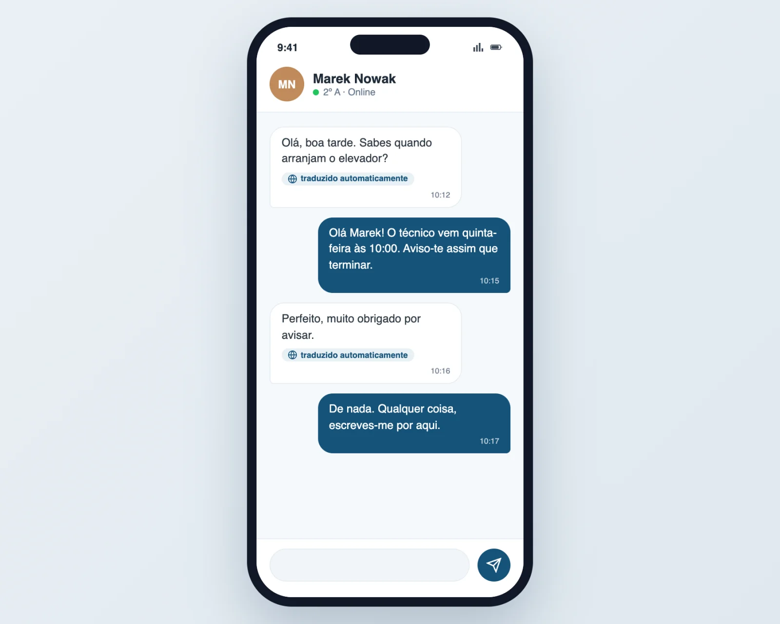 O chat do condomínio traduzido automaticamente para o idioma de cada condómino na app da Vecinly