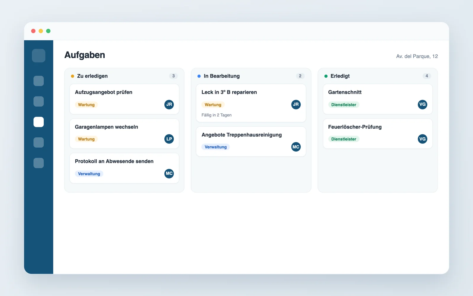 Ein Aufgabenboard der Gemeinschaft mit Verantwortlichem und Status in der Vecinly-App