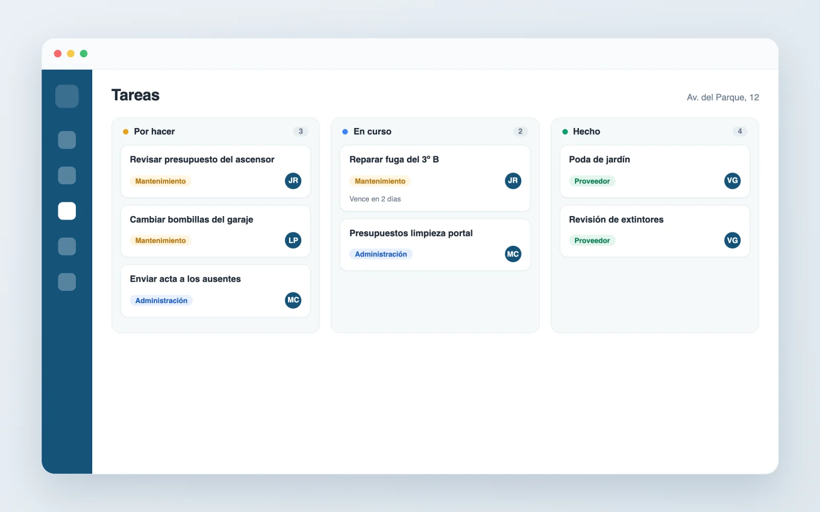 Un tablero de tareas de la comunidad con su responsable y su estado en la app de Vecinly