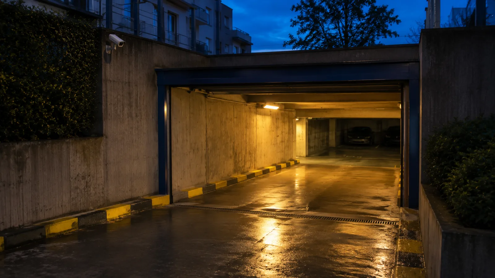 La rampa de acceso de un garaje comunitario iluminada al anochecer, con las plazas del fondo en penumbra