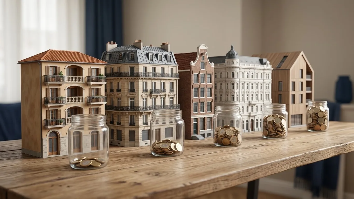 Cinco maquetas de edificios de viviendas europeos sobre una mesa, cada una con un tarro de cristal con una cantidad distinta de monedas