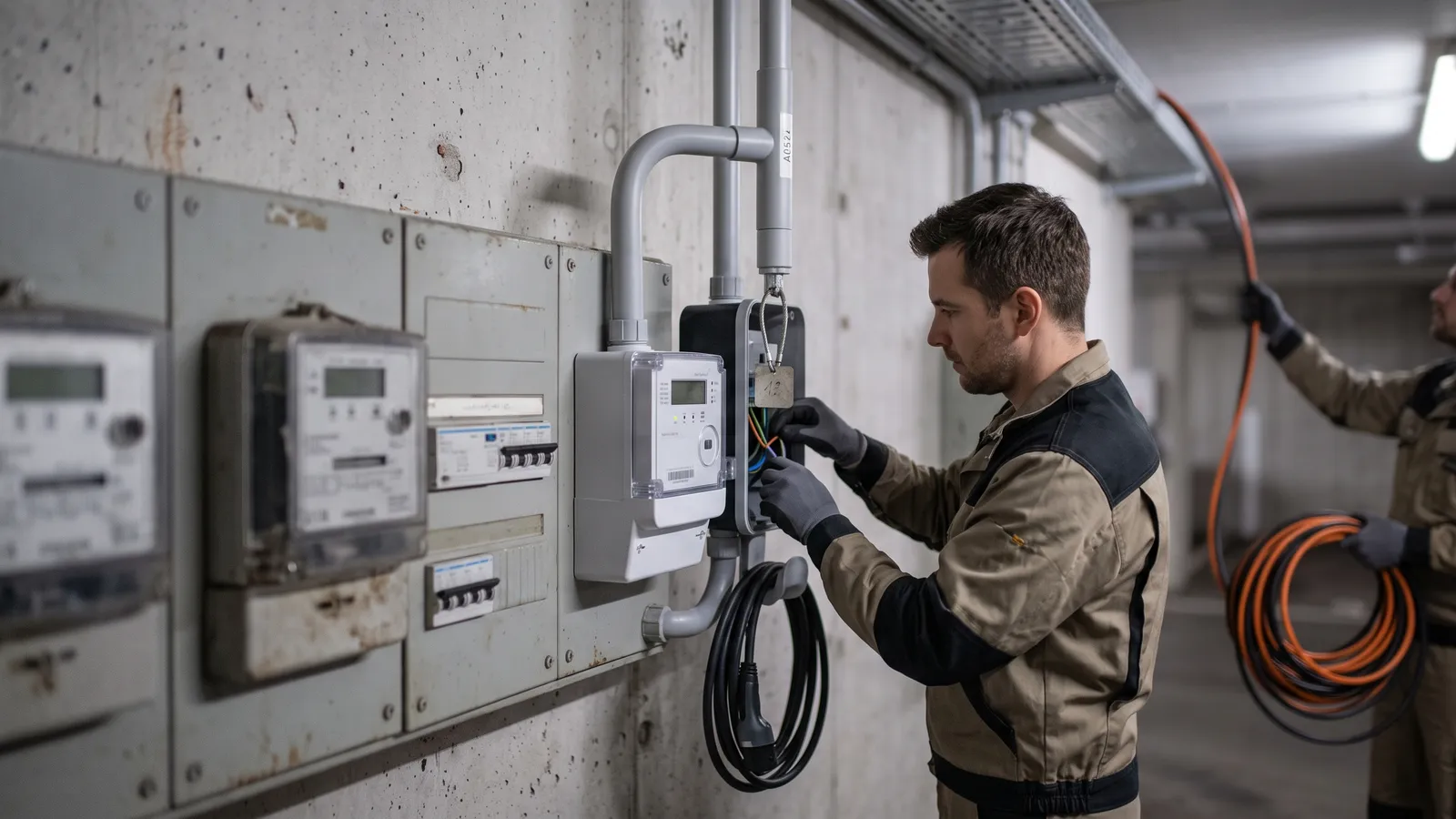 Un electricista conecta el contador propio de un cargador de coche eléctrico en el cuarto de contadores del garaje comunitario