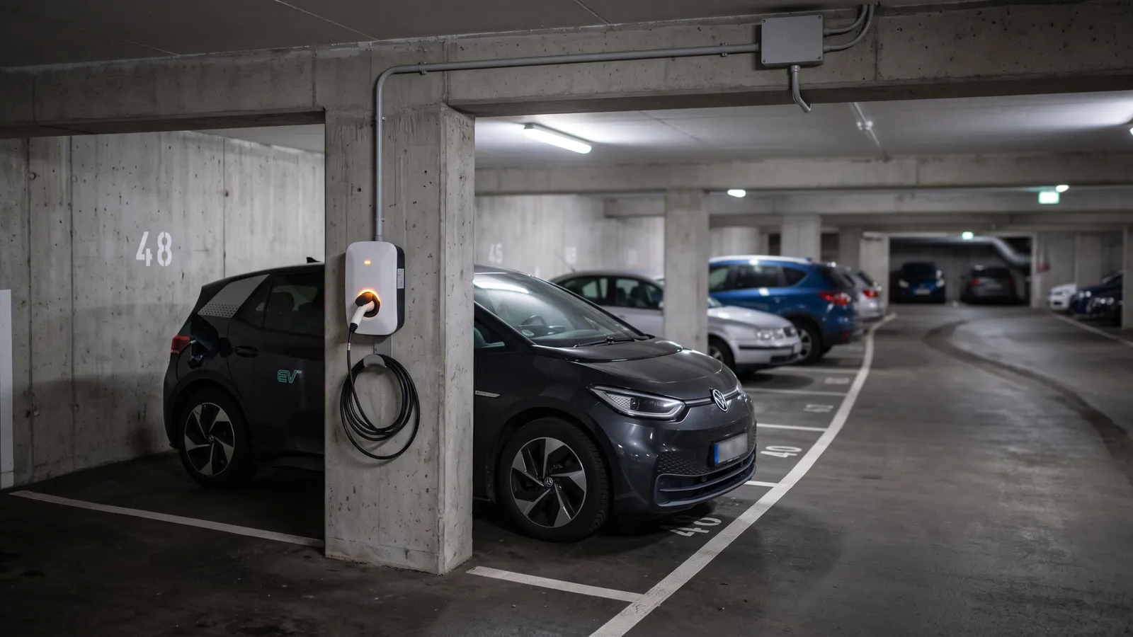 Coche eléctrico aparcado en la plaza 48 de un garaje subterráneo, junto a un cargador de pared fijado a una columna