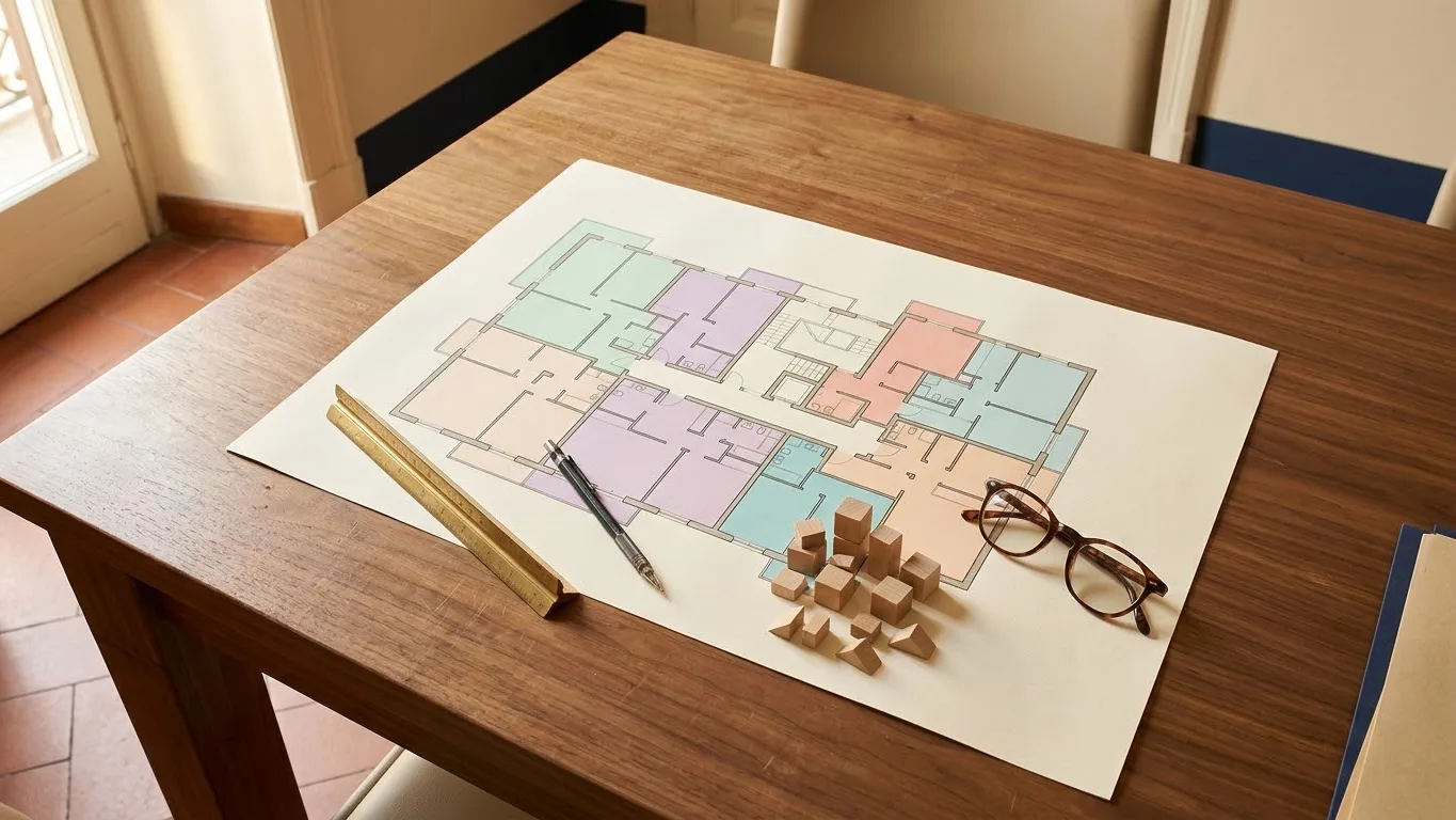 Floor plan of an apartment building with each flat shaded in colour, beside a ruler, a pencil, glasses and wooden blocks