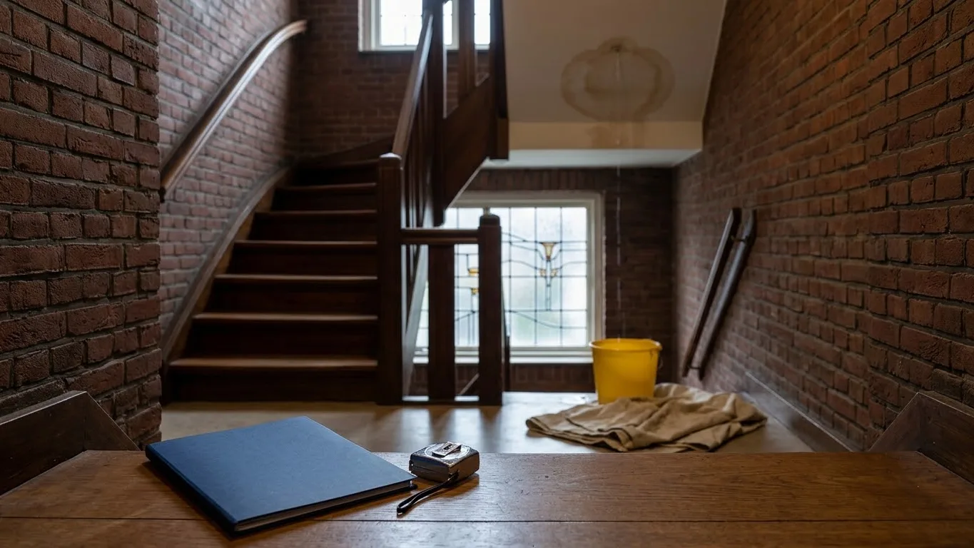 Trappenhuis van baksteen met een lekkagevlek op het plafond, een gele emmer en op de voorgrond een blauwe polismap